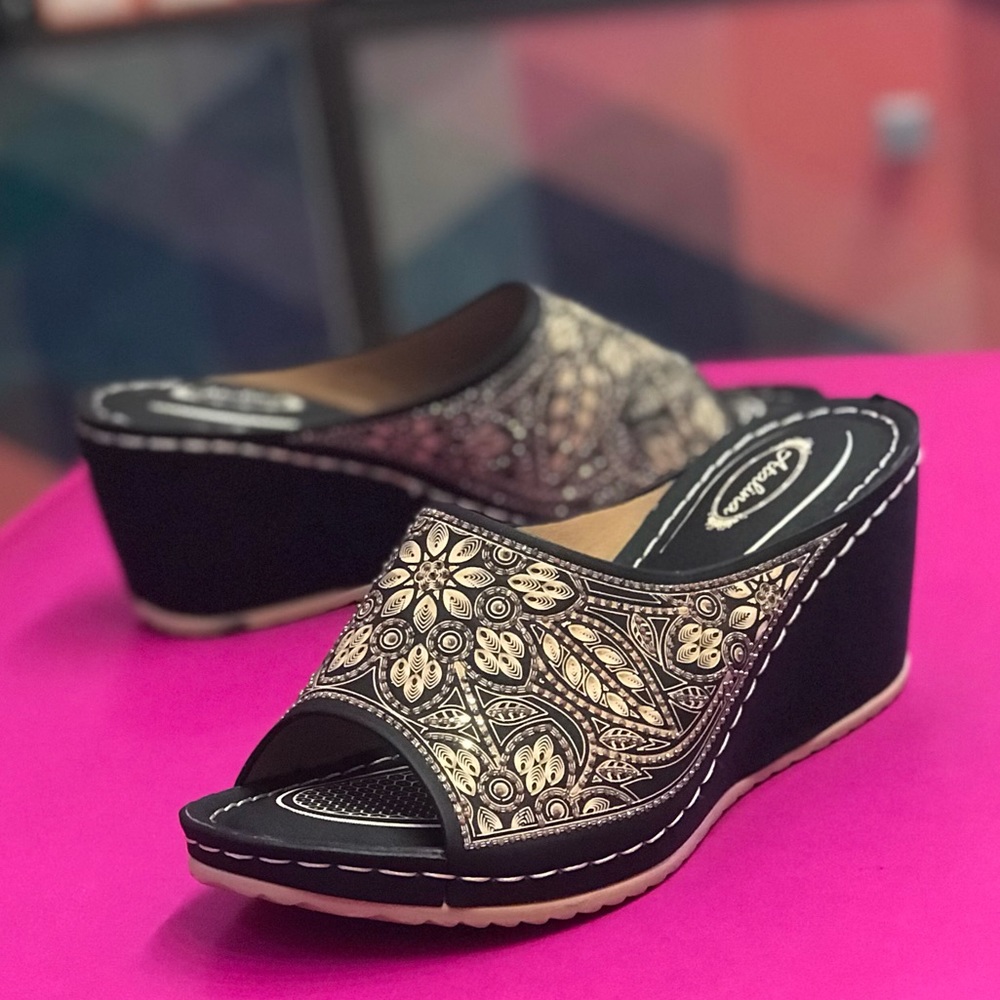 Italina Stunning Black Embroidered Comfort Wedge